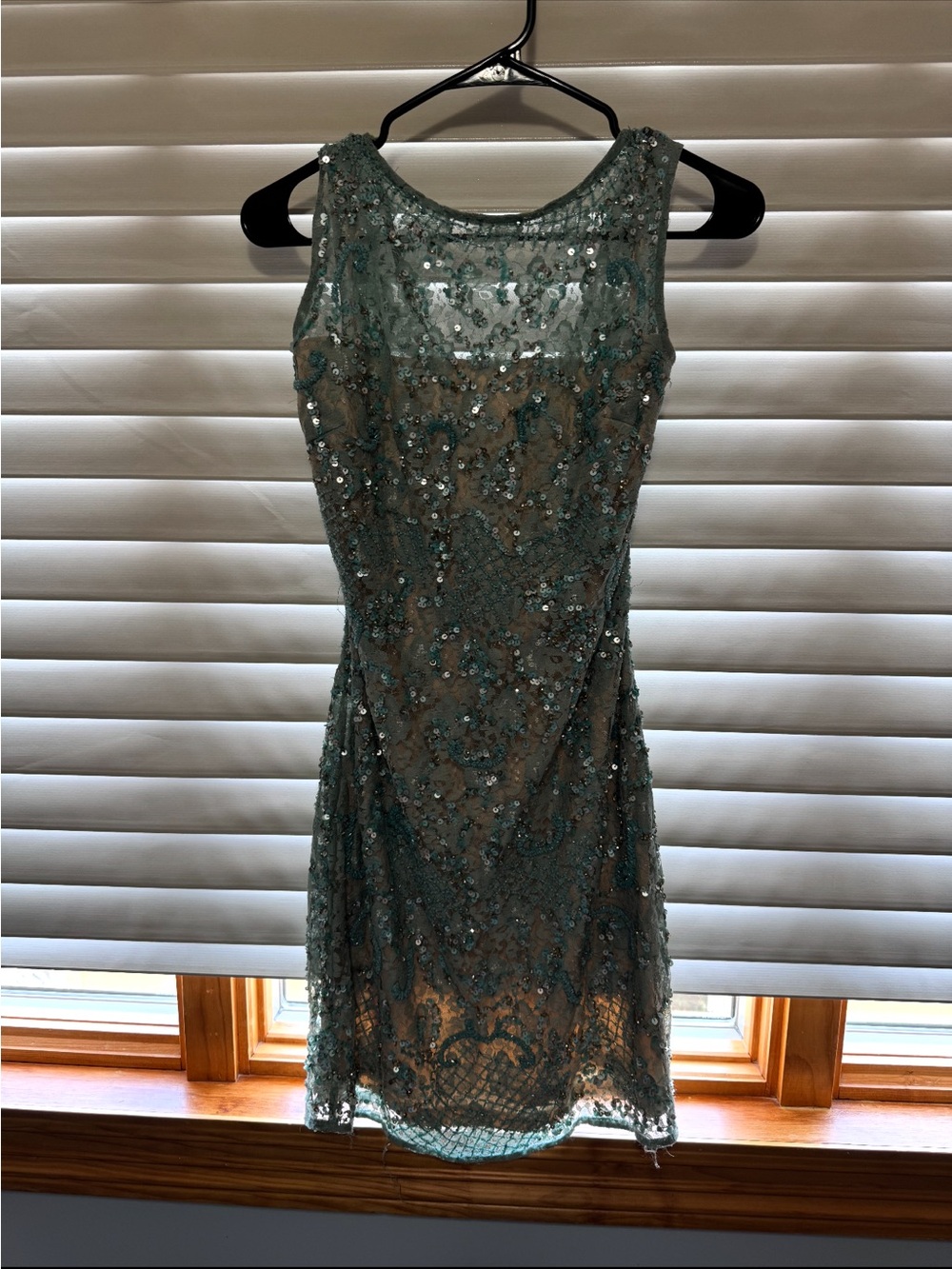 Aidan Mattox Beaded Lace Midi Dress in Sage Green